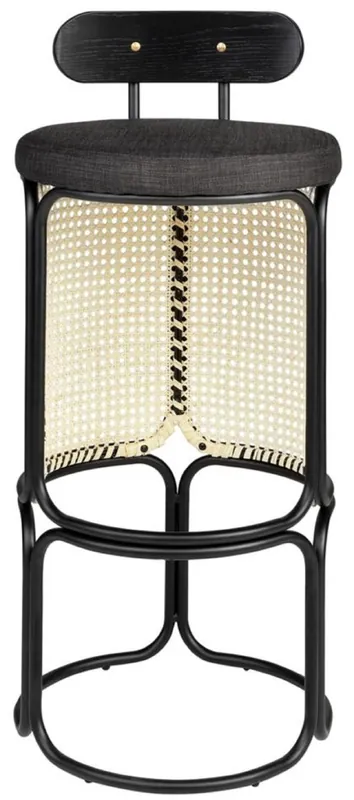 Must-Have Casa Padrino chaise de bar design avec dossier noir / naturel Ø 40,5 x H. 90 cm - Tabouret de bar rond rembourré à armure fine en rotin et structure en acier enduit de poudre