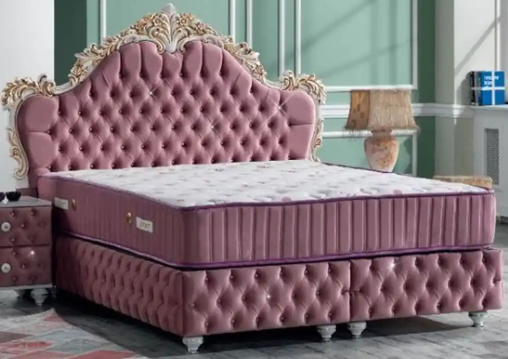 Casa Padrino lit double baroque rose / blanc / or antique - Lit orné de velours avec strass et matelas - Ensemble de Chambre de Style Baroque Sonderaktion