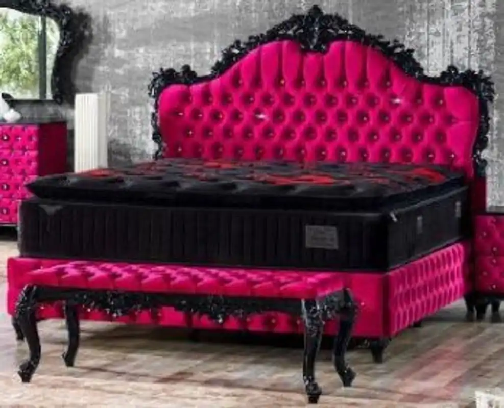 Top-Preis Casa Padrino lit double baroque rose / noir - Lit orné de velours avec strass et matelas - Mobilier de Chambre de Style Baroque