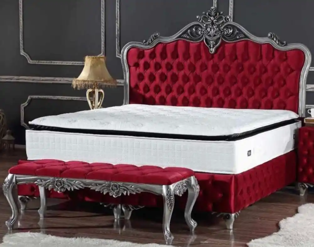 Casa Padrino lit double baroque bordeaux rouge / argent - Lit orné avec matelas - Mobilier Baroque Preis Gesenkt