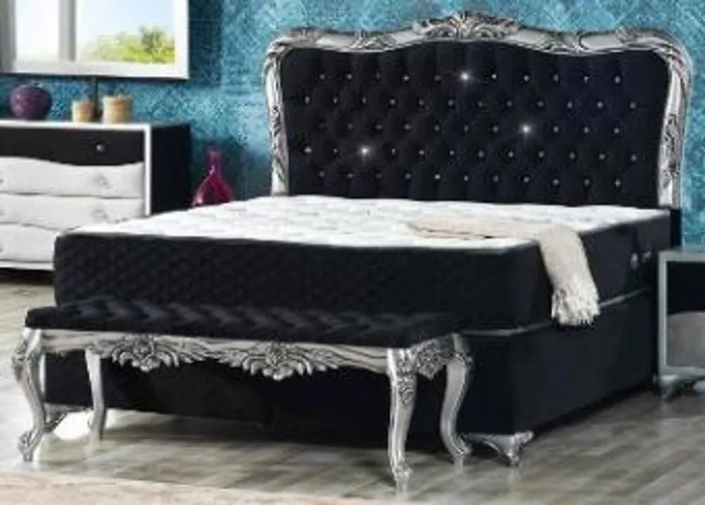 Finale Aktion Casa Padrino lit baroque en velours noir / argent - Lit double orné de strass et matelas - Mobilier de Chambre Baroque