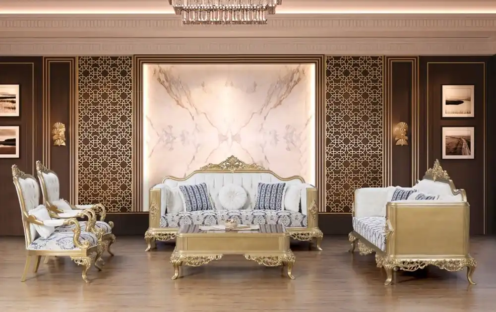 Echt Casa Padrino ensemble de salon baroque de luxe bleu / blanc / or - 2 Canapés et 2 Fauteuils et 1 Table Basse - Meubles Baroques Ornés - Meubles de Salon