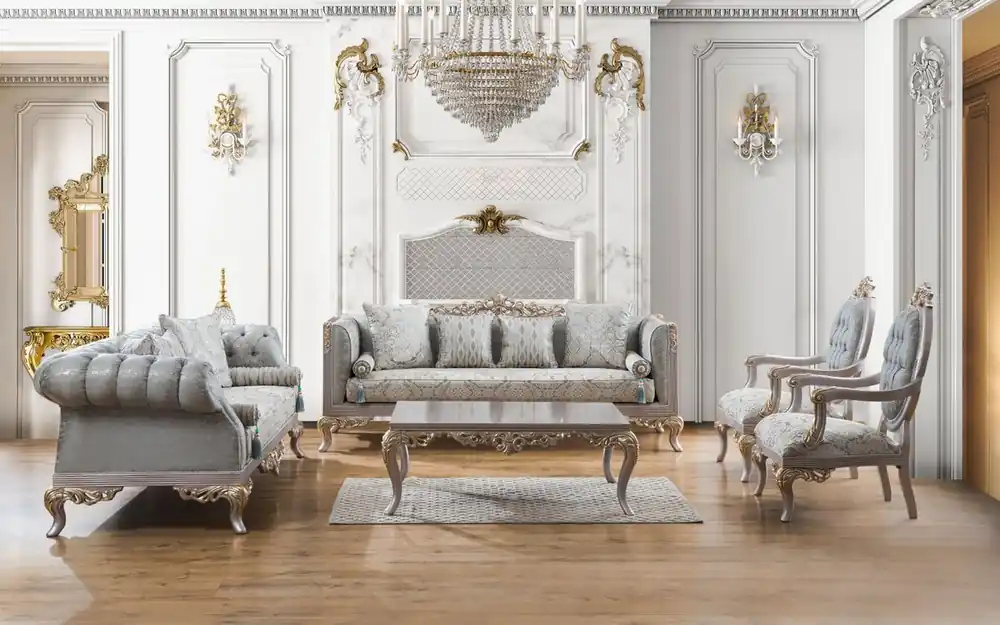 Casa Padrino ensemble de salon baroque de luxe turquoise / argent / or - 2 Canapés et 2 Fauteuils et 1 Table Basse - Meubles de salon de style baroque - Noble et Orné Direkt Vom Hersteller