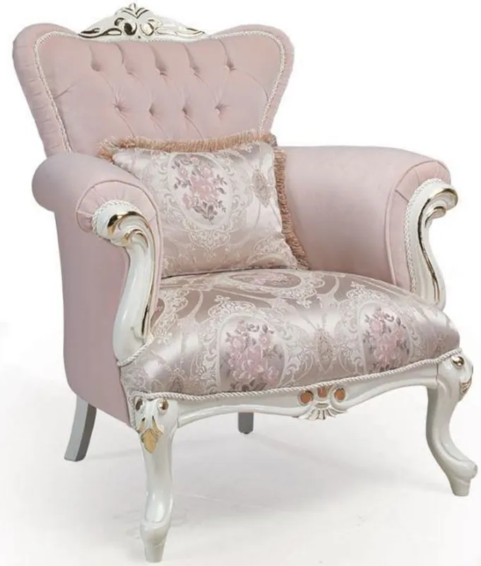 Casa Padrino fauteuil baroque de luxe rose / blanc / or 83 x 96 x H. 102 cm - Fauteuil de salon avec coussin décoratif - Mobilier Baroque Mega-Angebot