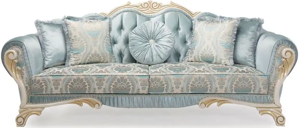Solange Der Vorrat Reicht Casa Padrino canapé baroque de luxe avec coussins décoratifs turquoise / crème / or 234 x 87 x H. 99 cm - Meubles de Salon de Style Baroque
