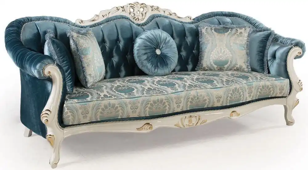Casa Padrino canapé de salon baroque de luxe avec oreillers bleu / blanc / or 240 x 87 x H. 99 cm - Mobilier Baroque - Noble et Orné Sale