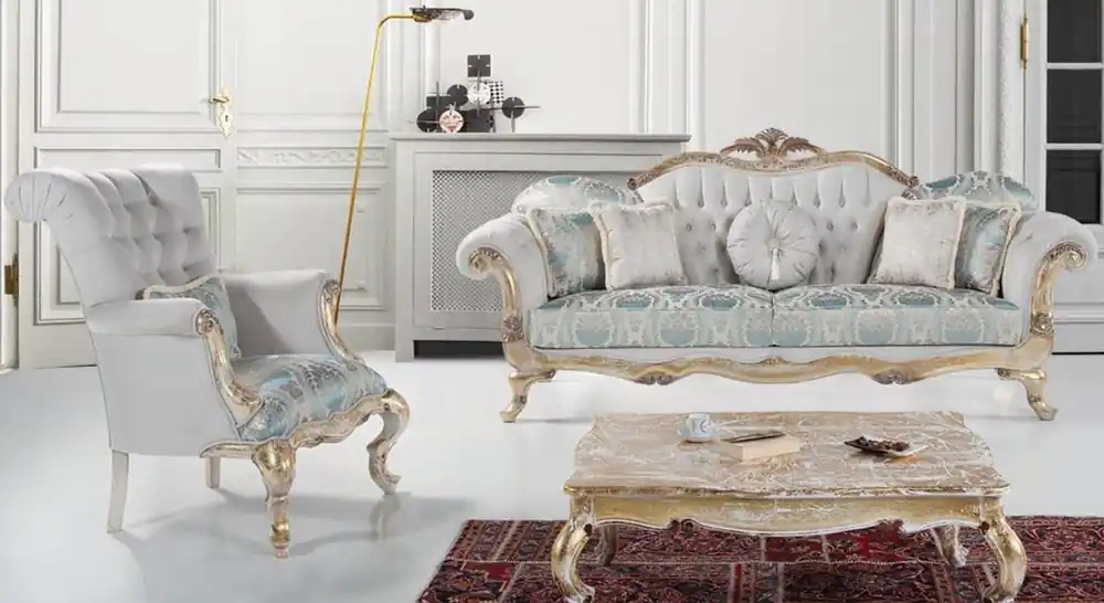 Casa Padrino ensemble de salon baroque de luxe gris / turquoise / or antique - 2 Canapés et 2 Fauteuils et 1 Table Basse - Meubles de Salon de Style Baroque - Noble et Orné Kracherpreis