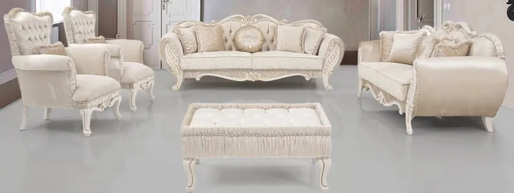 Preisknaller Casa Padrino ensemble de salon baroque de luxe beige / crème / or - 2 Canapés et 2 Fauteuils et 1 Table d'Appoint - Meubles de salon de style baroque - Noble et Orné