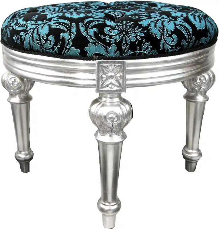 Tabouret baroque de luxe Pompöös by Casa Padrino rond turquoise motif noir / argent - Tabouret baroque Pompööser conçu par Harald Glööckler Echt