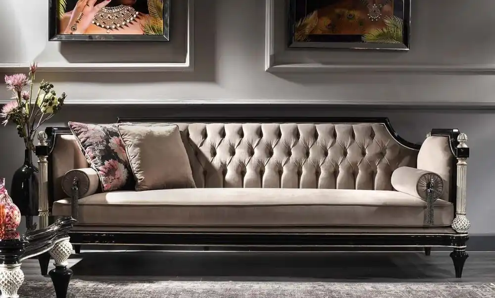 Casa Padrino canapé baroque de luxe en velours beige / noir / argent / or antique 250 x 95 x H. 80 cm - Magnifique Canapé de Salon de Style Baroque Zertifiziert