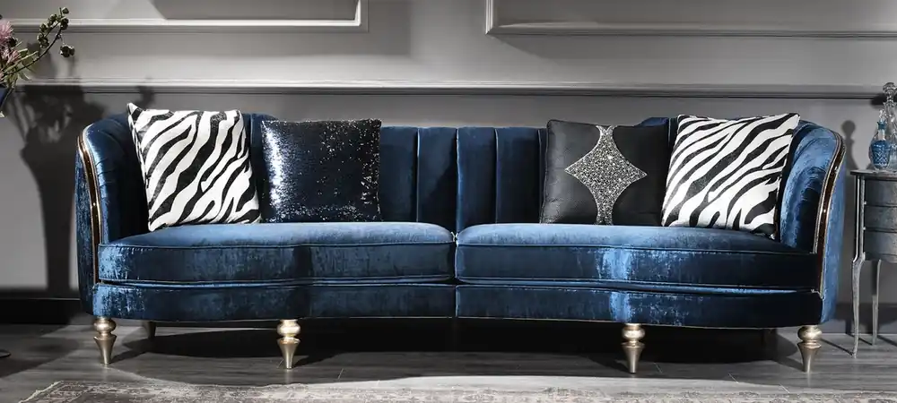 Nur Heute Casa Padrino canapé baroque de luxe en velours bleu / argent / marron foncé 262 x 104 x H. 80 cm - Meubles Baroques
