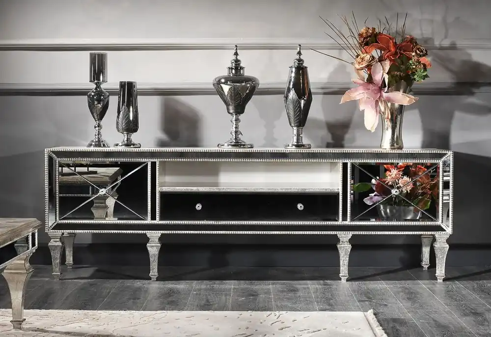 Casa Padrino cabinet de TV baroque de luxe avec verre miroir argent / or 200 x 55 x H. 72 cm - Meuble TV - Qualité de Luxe Meistverkauft