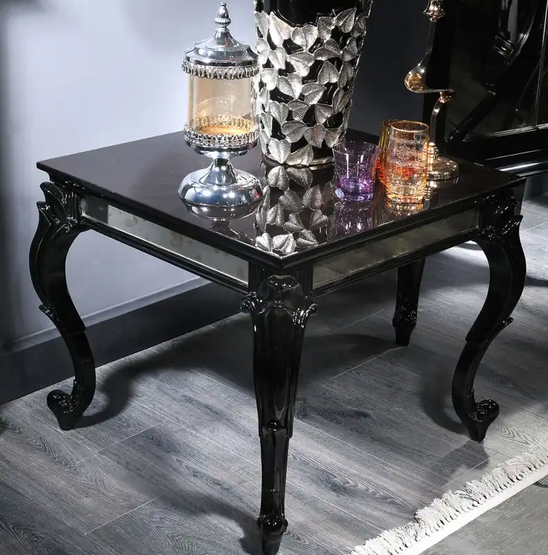 Highlight Casa Padrino table d'appoint baroque de luxe noir / marron 65 x 65 x H. 57 cm - Table en bois massif noble avec plateau en verre et verre miroir - Qualité de Luxe