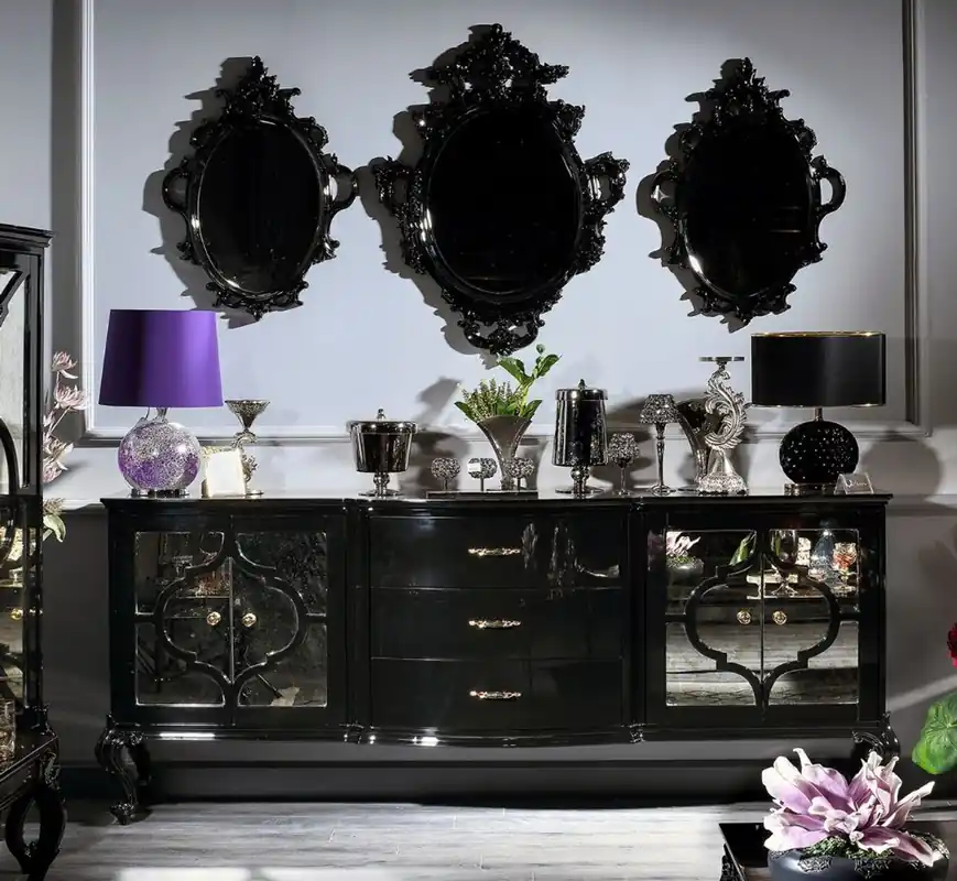 Casa Padrino ensemble de salon baroque de luxe noir / or - Commode ornée et 3 miroirs muraux - Mobilier Baroque - Qualité de Luxe Markenware