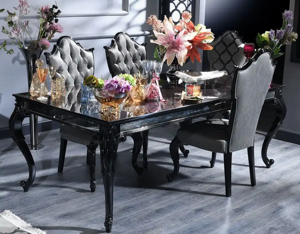 Casa Padrino ensemble de salle à manger baroque de luxe argent / gris / noir - 1 Table à Manger et 6 Chaises - Mobilier de salle à manger de style baroque - Qualité de Luxe - Fabriqué en Italie Kracherpreis