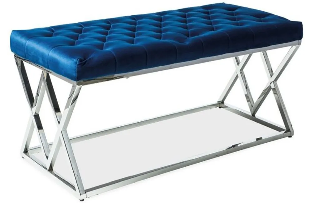 Schneller Versand Casa Padrino banc de luxe bleu marine / argent 100 x 48 x H. 46 cm - Banc rembourrée en velours avec structure en acier inoxydable chromé - Meubles de Salon