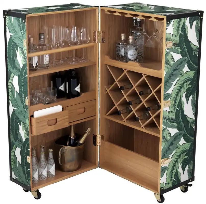 Finale Aktion Casa Padrino gabinete del vino de luxe avec roulettes vert / blanc / noir / or 58 x 58 x H. 122 cm - Armoire à cocktail - Armoire à bagages au look rétro - Meuble bar au design valise vintage