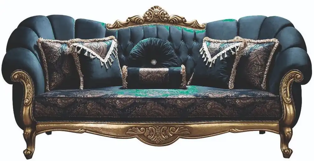 Casa Padrino canapé baroque de luxe bleu / or 220 x 90 x H. 110 cm - Canapé de Salon Orné de Strass et d'Oreillers Décoratifs Geprüft