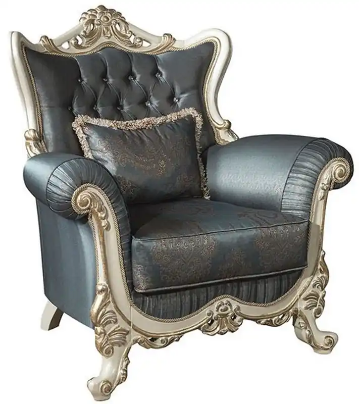 Casa Padrino fauteuil de salon baroque de luxe avec strass et oreiller décoratif bleu / crème / or 110 x 85 x H. 112 cm - Meubles de Style Baroque Günstig