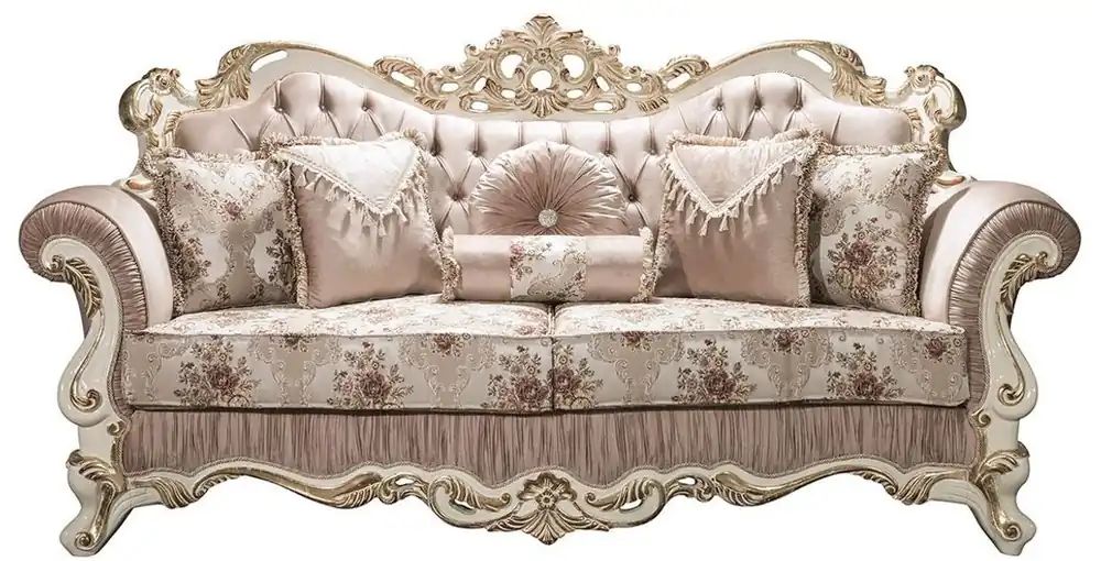 Wochenendangebot Casa Padrino canapé baroque de luxe rose / blanc / or 230 x 100 x H. 110 cm - Canapé de salon avec strass et oreillers décoratifs - Mobilier Baroque