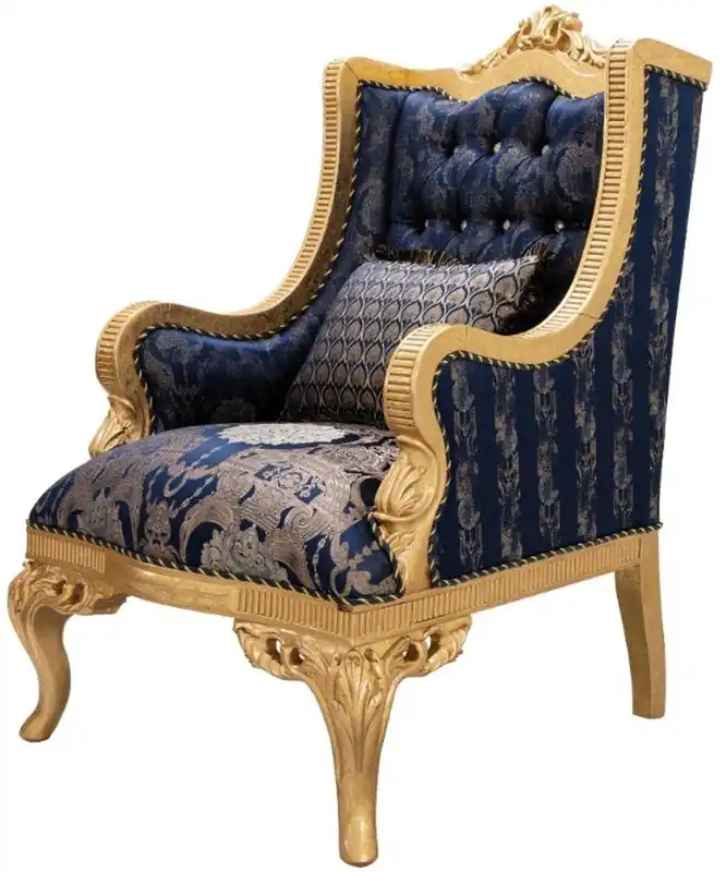 Casa Padrino fauteuil baroque de luxe avec strass et coussin décoratif bleu foncé / or 86 x 90 x H. 110 cm - Fauteuil de salon baroque - Mobilier Baroque Neue Kollektion