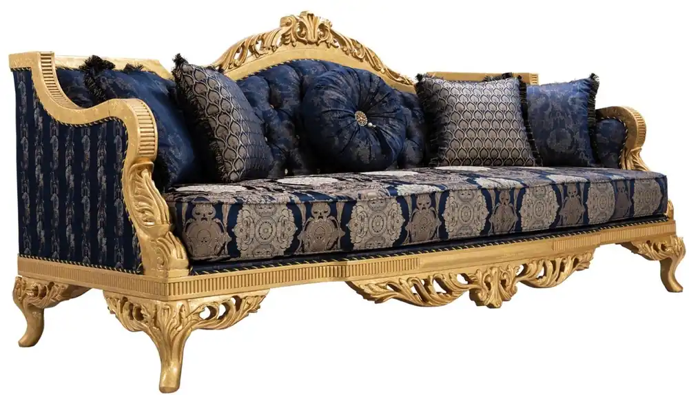 Sofort Bestellen Casa Padrino canapé baroque de luxe avec strass et coussins décoratifs bleu foncé / or 228 x 93 x H. 108 cm - Meubles de Salon Baroque