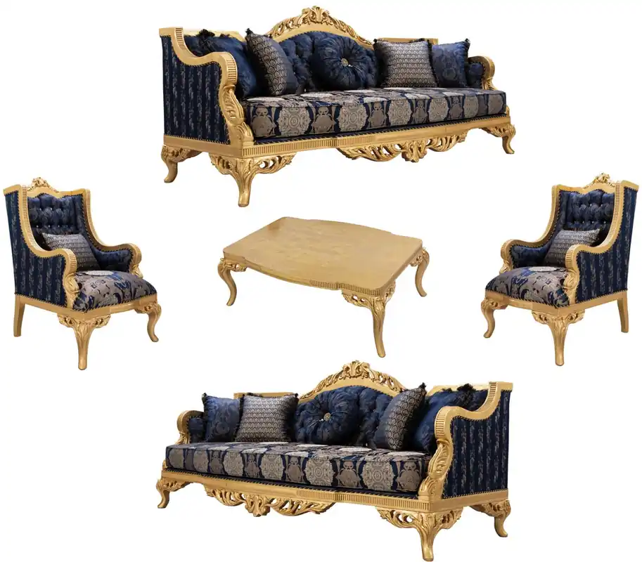 Casa Padrino ensemble de salon baroque de luxe bleu foncé / or - 2 Canapés et 2 Fauteuils et 1 Table Basse - Meubles de Salon Baroques Ornés Neue Ware