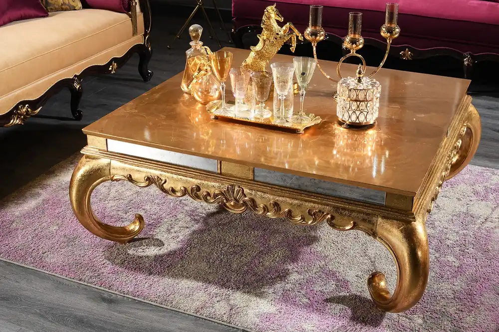 Mega-Angebot Casa Padrino table basse baroque de luxe or 128 x 128 x H. 48 cm - Table de salon en bois massif noble avec plaque de verre et verre miroir - Qualité de Luxe