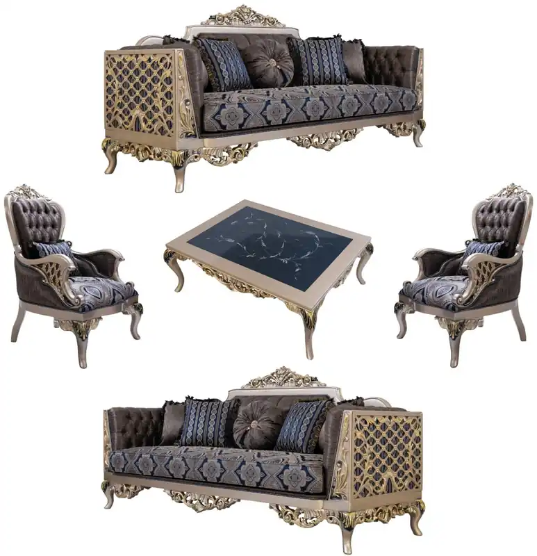 Preis Gesenkt Casa Padrino ensemble de salon baroque de luxe bleu / argent / or - 2 Canapés et 2 Fauteuils et 1 Table Basse - Meubles de Salon Baroques Ornés