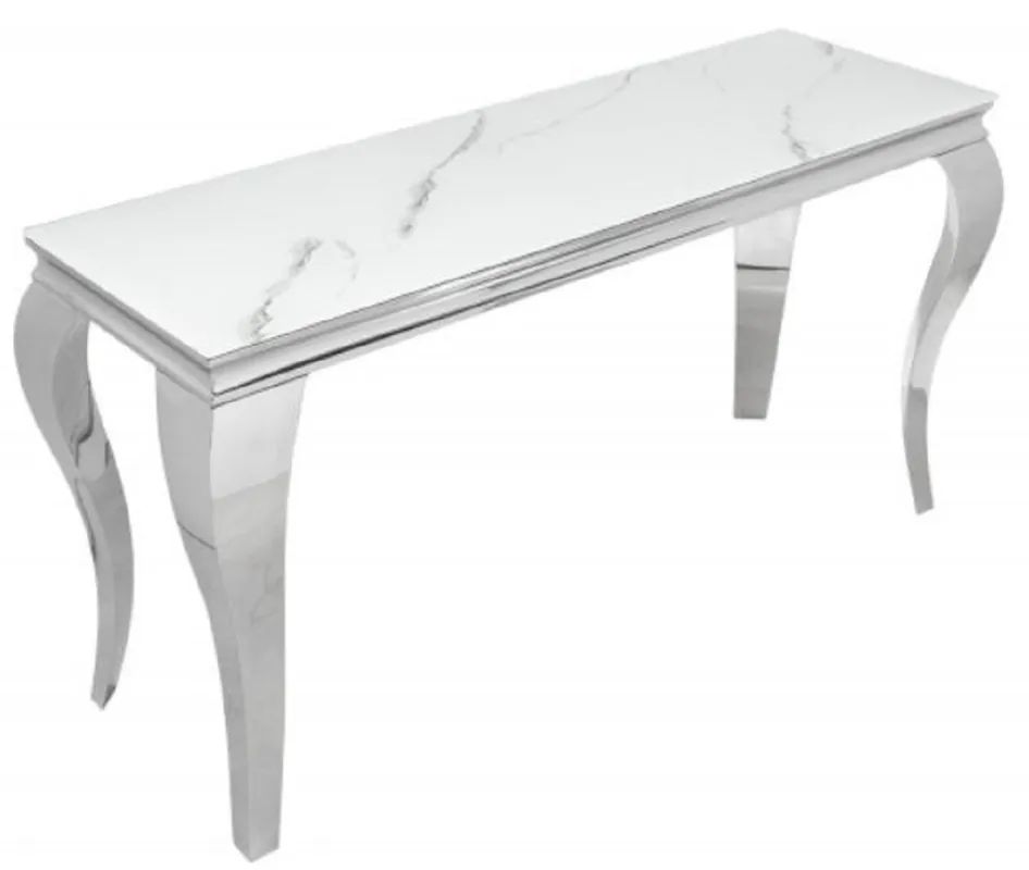 Letzte Chance Casa Padrino console design blanc / gris / argent 145 x 50 x H. 75 cm - Table console rectangulaire en acier inoxydable avec verre de sécurité imprimé numériquement aspect marbre - Mobilier baroque moderne