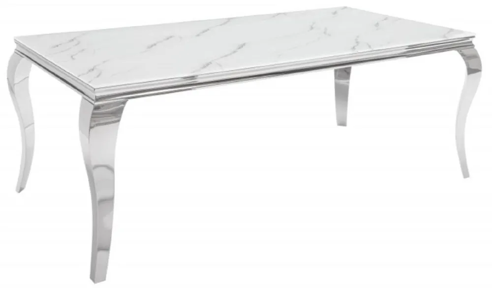 Casa Padrino table à manger design blanc / gris / argent 180 x 95 x H. 75 cm - Table de cuisine en acier inoxydable avec verre de sécurité imprimé numériquement aspect marbre - Mobilier baroque moderne Neu Im Sortiment