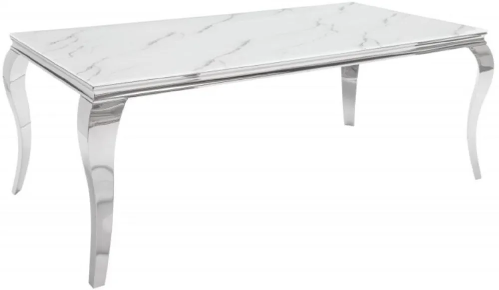 Casa Padrino table à manger design blanc / gris / argent 200 x 105 x H. 75 cm - Table de cuisine en acier inoxydable avec verre de sécurité imprimé numériquement aspect marbre - Mobilier baroque moderne Preiswert