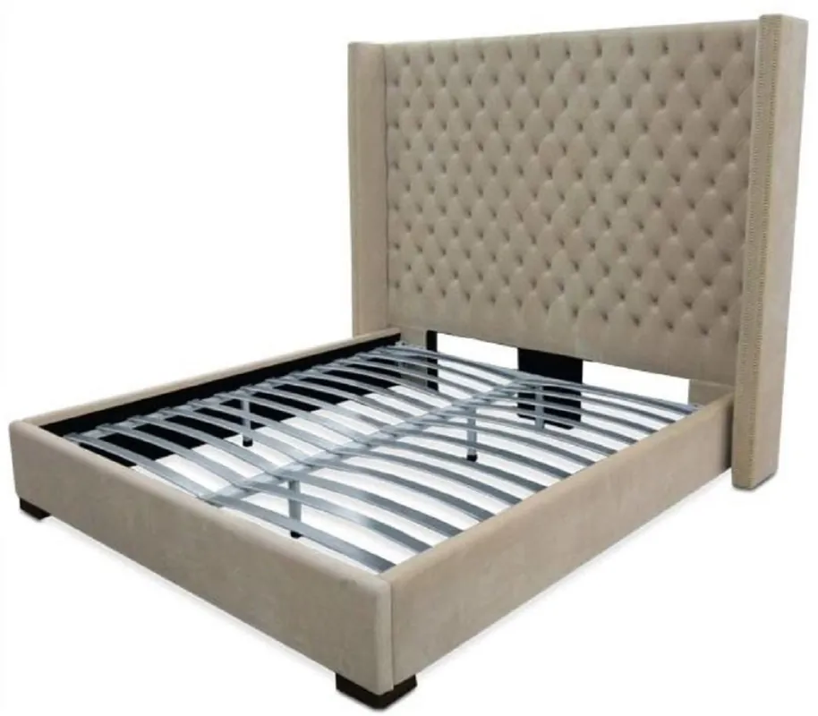 Casa Padrino lit double de luxe en velours sable / noir 220 x 218 x H. 180 cm - Lit en bois massif avec une élégante tête de lit Chesterfield - Mobilier de Chambre Kracherpreis