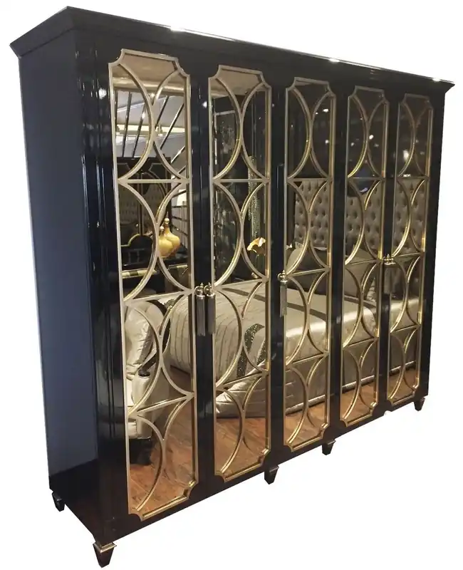 Bestpreis Casa Padrino armoire de chambre baroque de luxe noir / or 260 x 63 x H. 240 cm - Magnifique garde-robe avec 5 portes en miroir - Qualité de Luxe