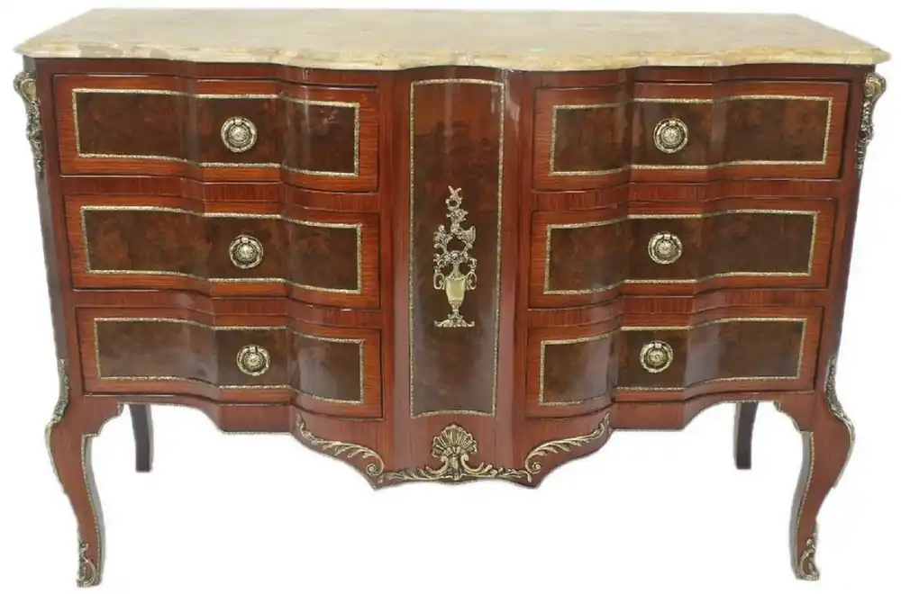 Neu Casa Padrino commode baroque marron / or / crème 130 x 50 x H. 90 cm - Commode faite main en bois massif avec 6 tiroirs et plateau en marbre - Mobilier Baroque