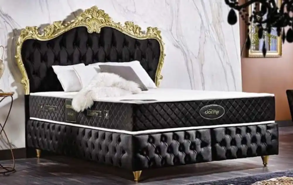 Highlight Casa Padrino lit double baroque noir / or - Lit orné de velours avec matelas - Ensemble Complet - Mobilier de Chambre Baroque
