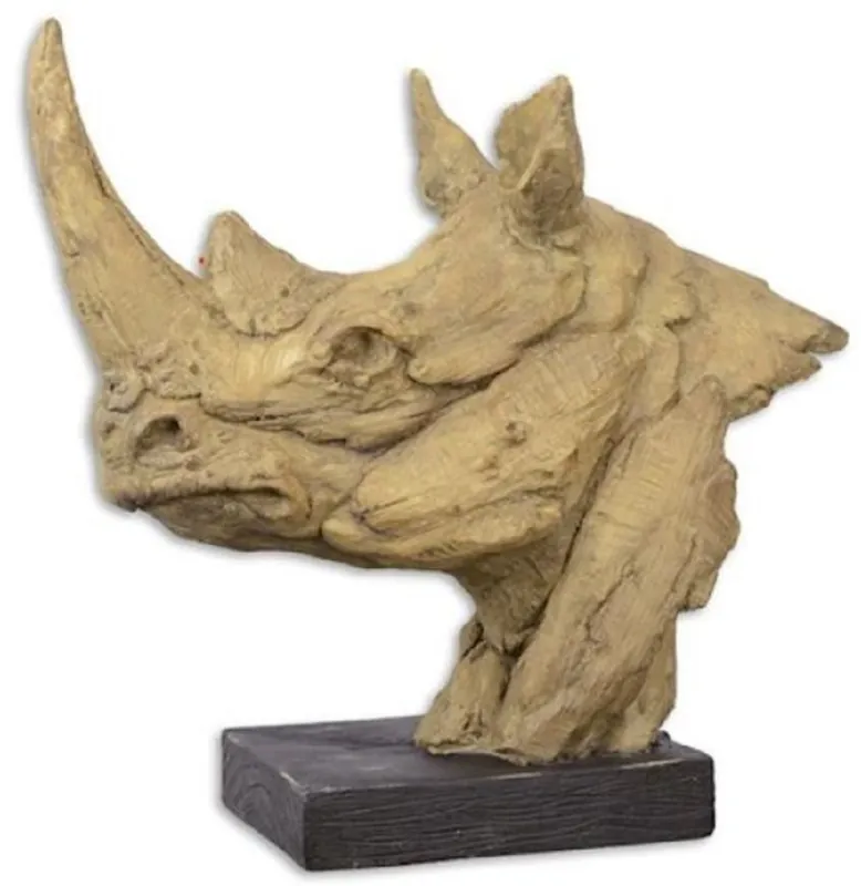 Casa Padrino sculpture de décoration en résine synthétique avec base en bois tête de rhinocéros beige / noir 47,7 x 21,2 x H. 45,4 cm - Figurine Décoration - Décoration Bureau Must-Have