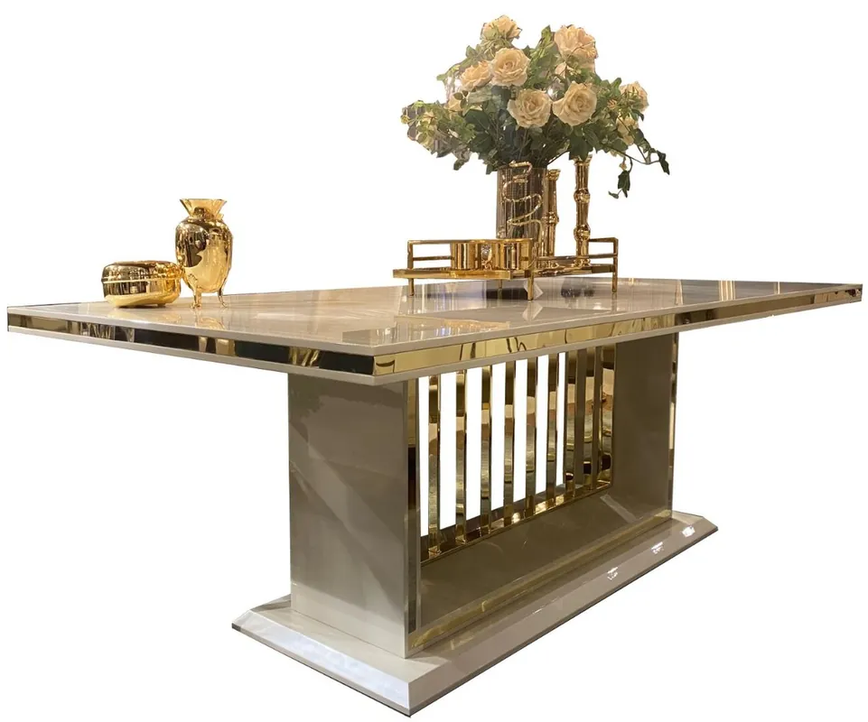 Casa Padrino table de salle à manger de luxe avec plaque de verre crème / or 220 x 110 x H. 78 cm - Table de cuisine - Meubles de salle à manger de luxe Sonderaktion