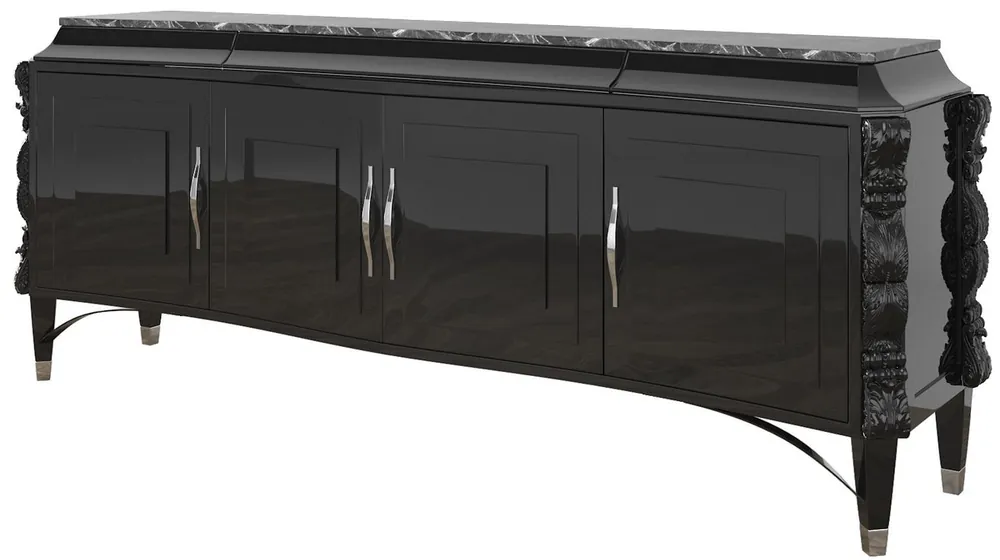 Casa Padrino buffet Art Déco de luxe noir / argent 220 x 50 x H. 90 cm - Armoire de salon noble avec 4 portes et plateau en marbre - Mobilier Art Déco Preisknaller