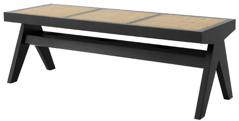 Casa Padrino banc de luxe noir / naturelle 136 x 46 x H. 47 cm - Banc en bois massif avec tissage rotin tissé à la main - Mobilier de Luxe Mega-Angebot