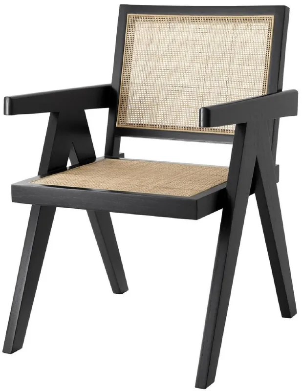 Casa Padrino chaise de salle à manger de luxe noir / naturel 57 x 65,5 x H. 90 cm - Chaise en bois massif avec accoudoirs et rotin tissé à la main - Mobilier de salle à manger de luxe Ausverkauf
