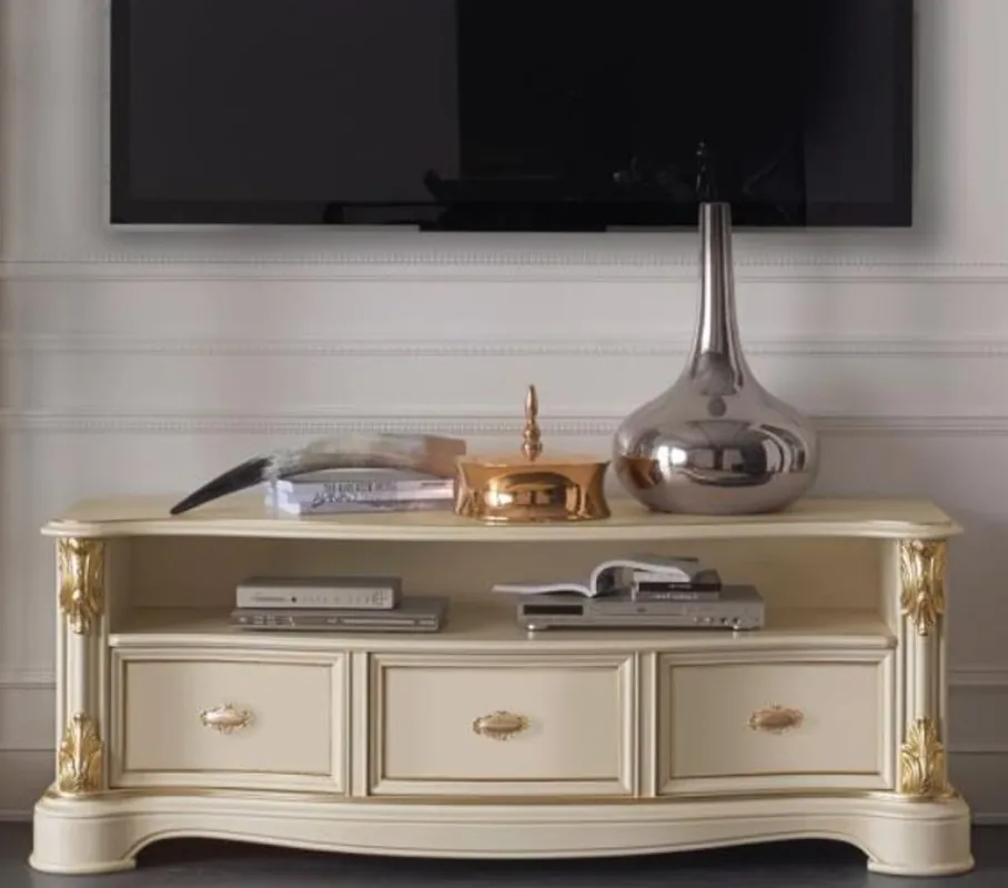 Heißes Angebot Casa Padrino armoire TV baroque de luxe crème / or 162 x 49 x H. 61 cm - Armoire TV avec 3 tiroirs - Mobilier de salon baroque noble
