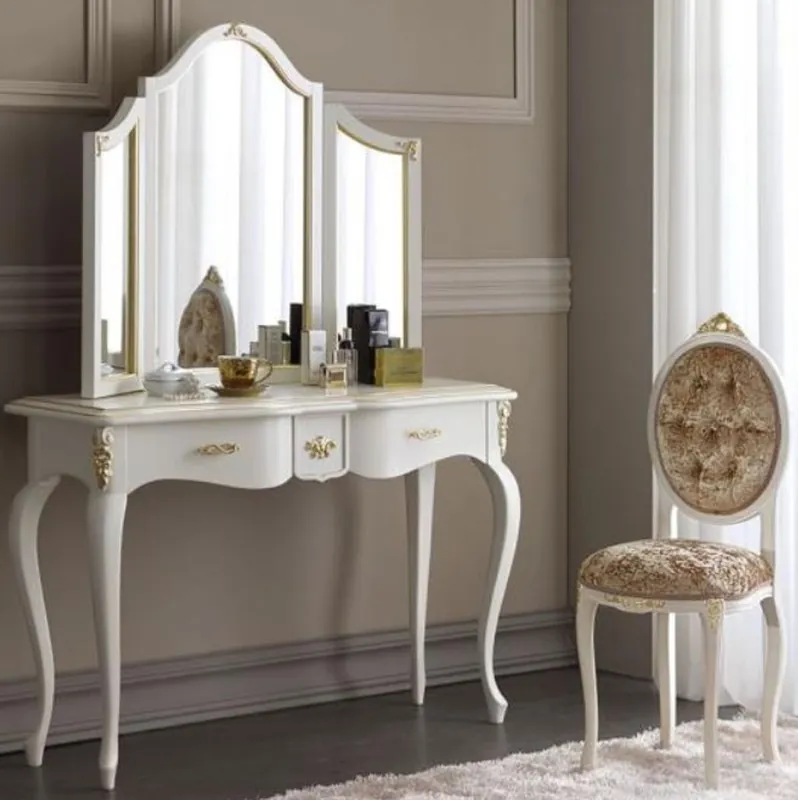 Casa Padrino ensemble de console de miroir baroque de luxe marron / blanc / or - Table console élégante avec miroir et chaise pour femme - Mobilier de chambre baroque de luxe Neu Im Sortiment