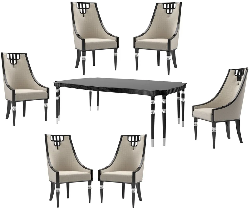 Expressversand Casa Padrino ensemble de salle à manger Art Déco de luxe beige / noir / argent - 1 Table à Manger et 6 Chaises de Salle à Manger - Mobilier Art Déco - Qualité de Luxe