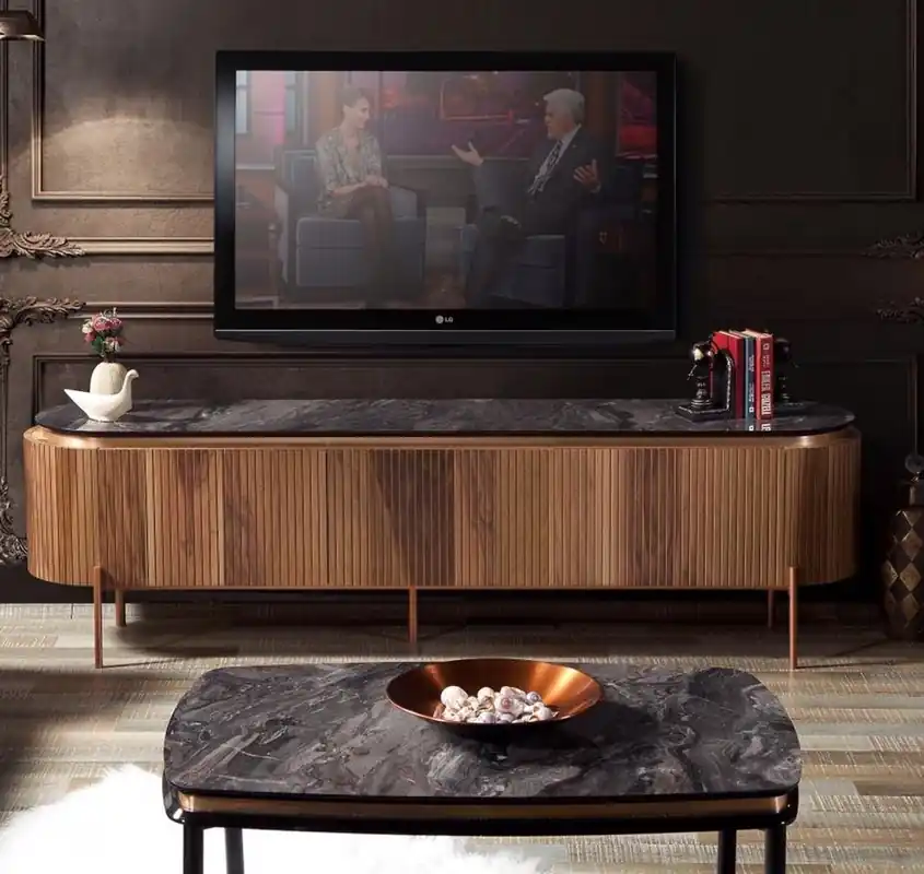 Zertifiziert Casa Padrino armoire TV de luxe brun / noir / cuivre 208 x 48 x H. 57 cm - Meuble TV avec 4 portes - Meubles de salon de luxe