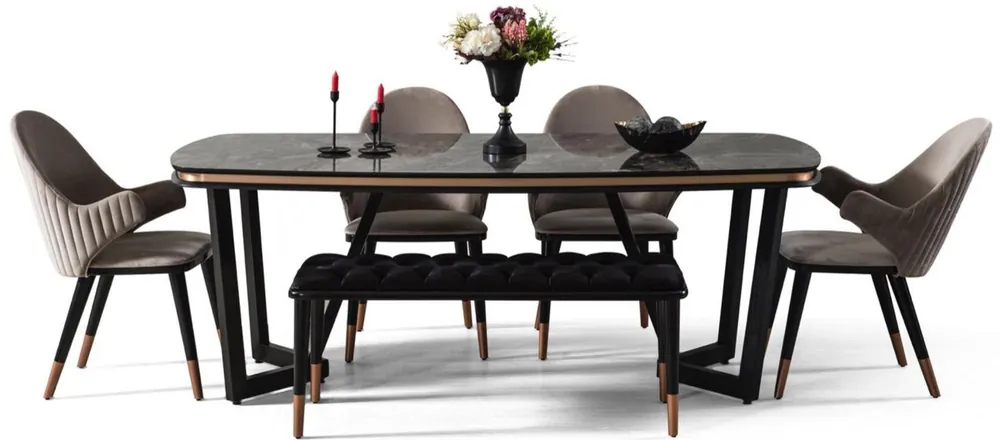 Expressversand Casa Padrino ensemble de salle à manger de luxe gris / noir / cuivre - 1 Table à Manger et 4 Chaises de Salle à Manger et 1 Banc - Meubles de Salle à Manger de Luxe