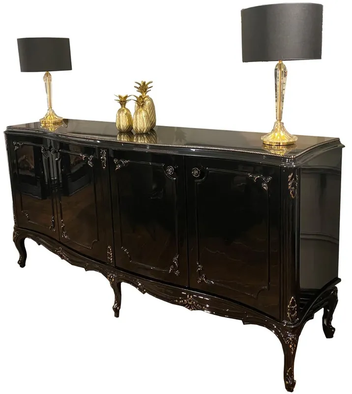 Casa Padrino buffet baroque de luxe noir / or antique 226 x 57 x H. 103 cm - Armoire de salon noble avec 4 portes et plateau en verre - Mobilier de salon de haute qualité de style baroque Neu