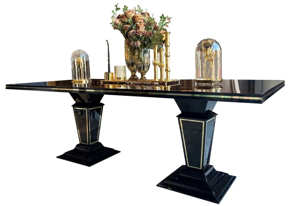 Casa Padrino table de salle à manger Art Déco de luxe brun foncé / noir / or 220 x 110 x H. 76 cm - Table de salle à manger noble avec plateau en verre - Mobilier de salle à manger Art Déco Saisonangebot