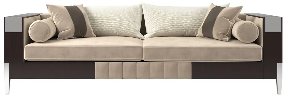 Garantierte Lieferung Casa Padrino canapé Art Déco de luxe en velours beige / marron foncé / argent 257 x 84 x H. 83 cm - Canapé de salon noble - Qualité de Luxe - Mobilier Art Déco