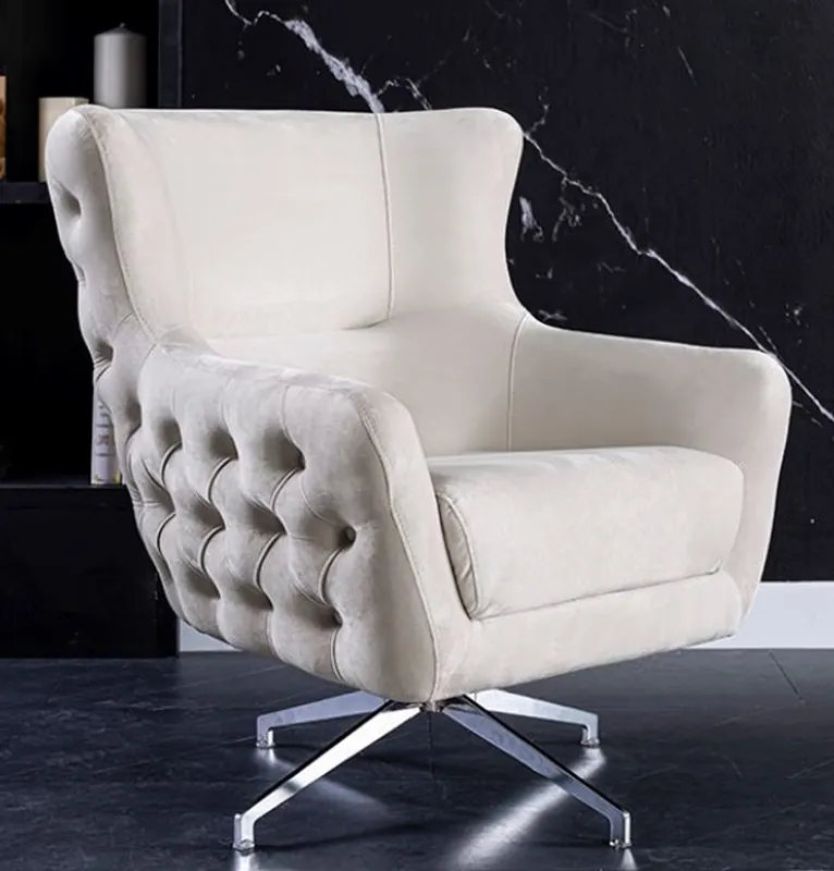 Casa Padrino fauteuil pivotant Art Déco Chesterfield de luxe crème / argent 90 x 90 x H. 100 cm - Fauteuil de salon - Meubles de salon Neue Ware